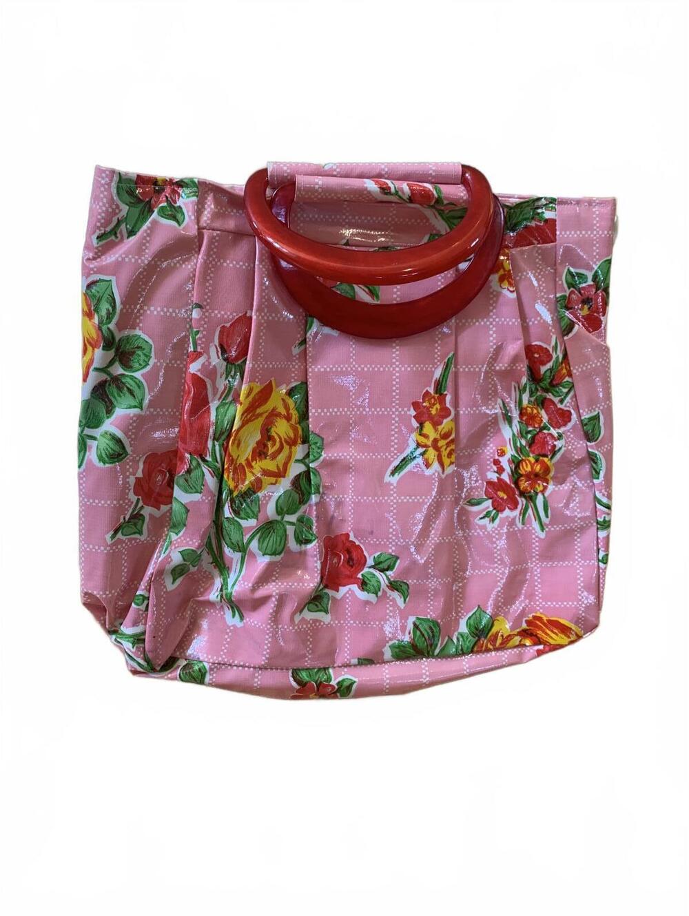 Pink Floral Tote Bag with Red Handles